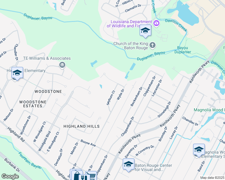 map of restaurants, bars, coffee shops, grocery stores, and more near 1185 Seyburn Drive in Baton Rouge