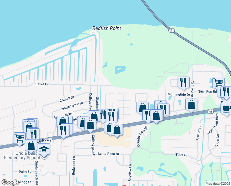map of restaurants, bars, coffee shops, grocery stores, and more near 1378 El Sereno Place in Gulf Breeze