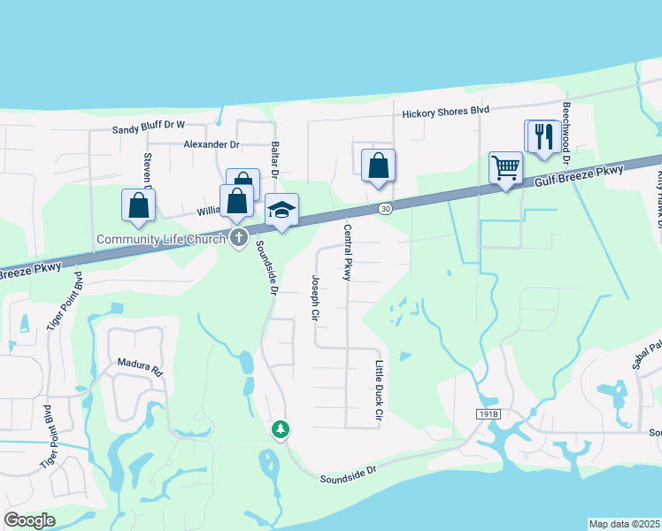 map of restaurants, bars, coffee shops, grocery stores, and more near 4322 Lisa Court in Gulf Breeze