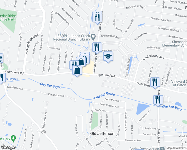 map of restaurants, bars, coffee shops, grocery stores, and more near Tiger Bend Road in Baton Rouge