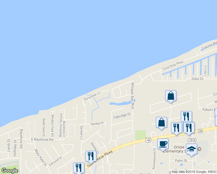 map of restaurants, bars, coffee shops, grocery stores, and more near 2748 Sunrunner Lane in Gulf Breeze