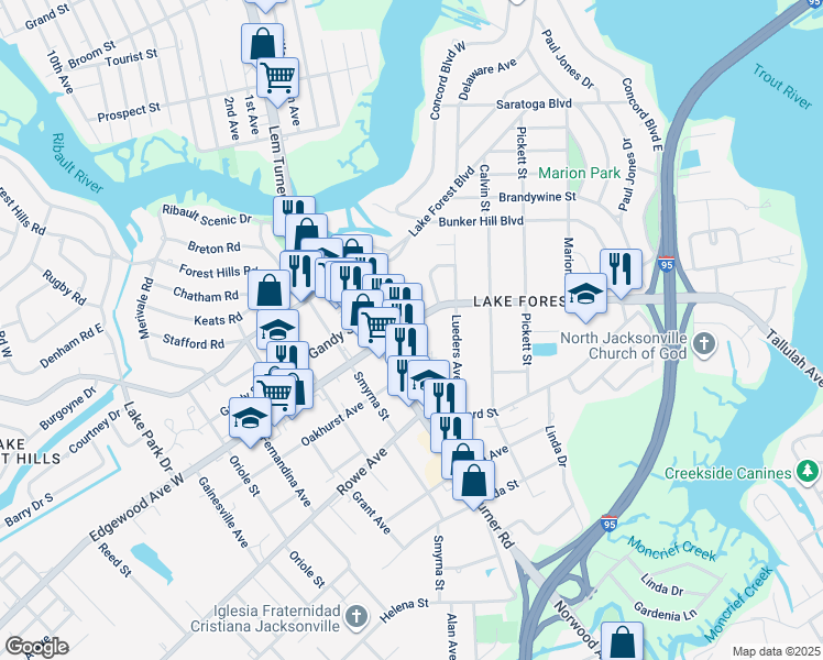 map of restaurants, bars, coffee shops, grocery stores, and more near 1248 Edgewood Avenue West in Jacksonville
