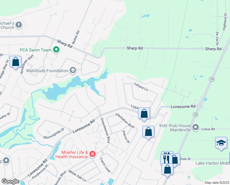 map of restaurants, bars, coffee shops, grocery stores, and more near 2056 Timbercreek Lane in Mandeville