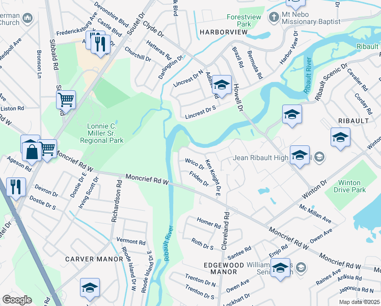 map of restaurants, bars, coffee shops, grocery stores, and more near 4644 Ken Knight Drive North in Jacksonville