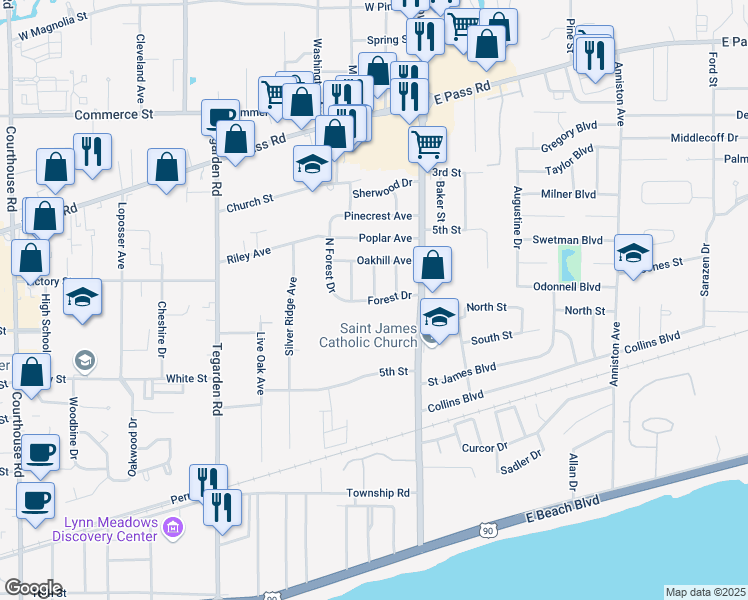 map of restaurants, bars, coffee shops, grocery stores, and more near 1310 Forest Drive in Gulfport