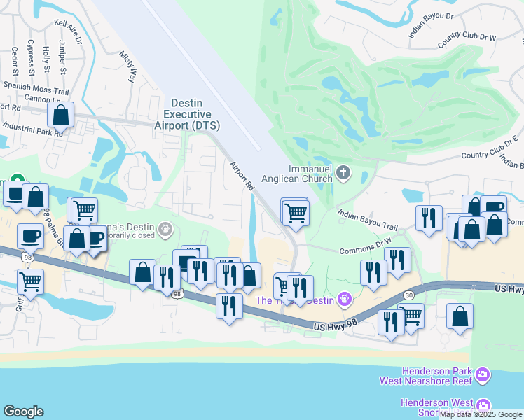map of restaurants, bars, coffee shops, grocery stores, and more near 1150 Airport Road in Destin