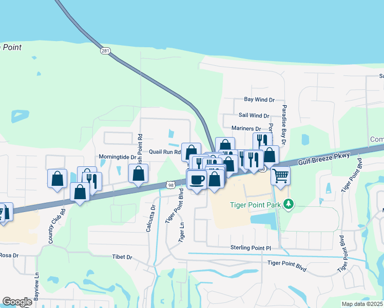 map of restaurants, bars, coffee shops, grocery stores, and more near 1504 Oakhill Road in Gulf Breeze