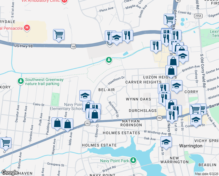 map of restaurants, bars, coffee shops, grocery stores, and more near 546 Paula Avenue in Pensacola