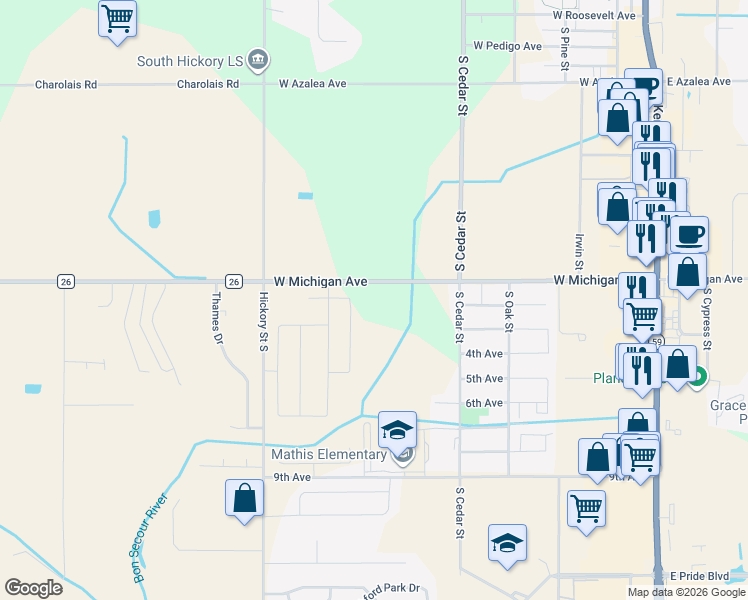 map of restaurants, bars, coffee shops, grocery stores, and more near 567-999 West Michigan Avenue in Foley