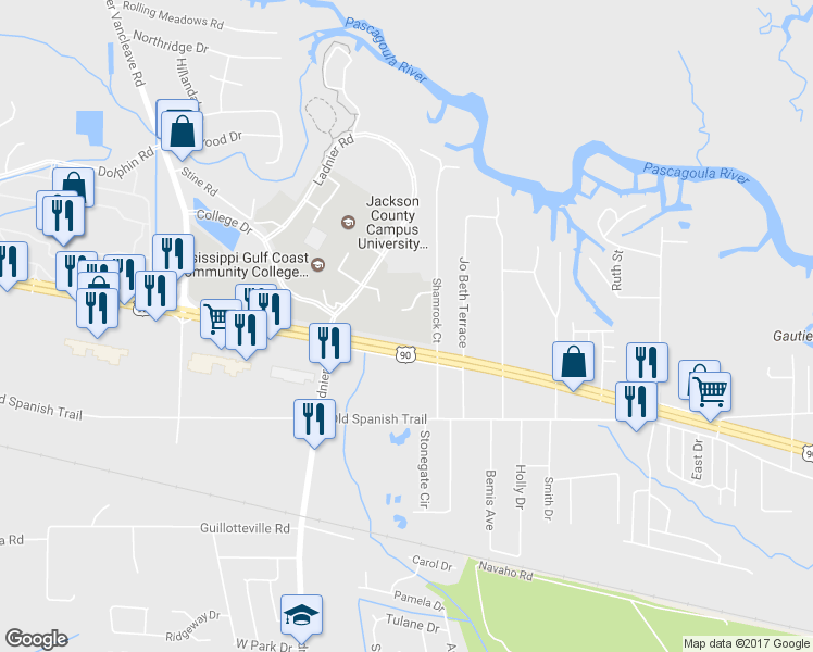 map of restaurants, bars, coffee shops, grocery stores, and more near 2012 U.S. 90 in Gautier
