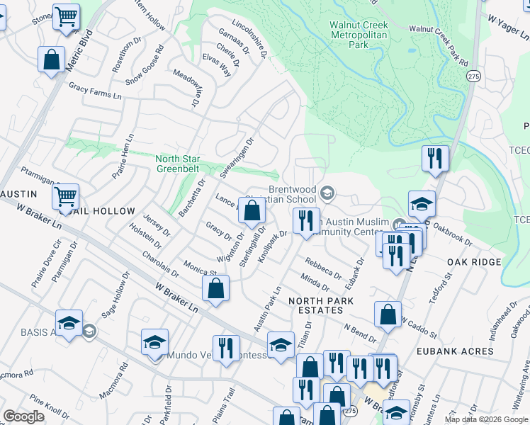 map of restaurants, bars, coffee shops, grocery stores, and more near 11808 Carshalton Drive in Austin