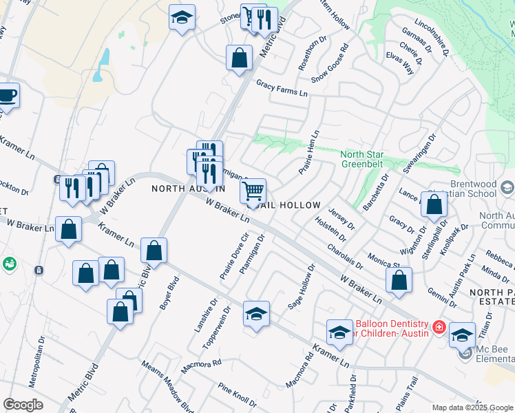 map of restaurants, bars, coffee shops, grocery stores, and more near 11308 Ptarmigan Cove in Austin