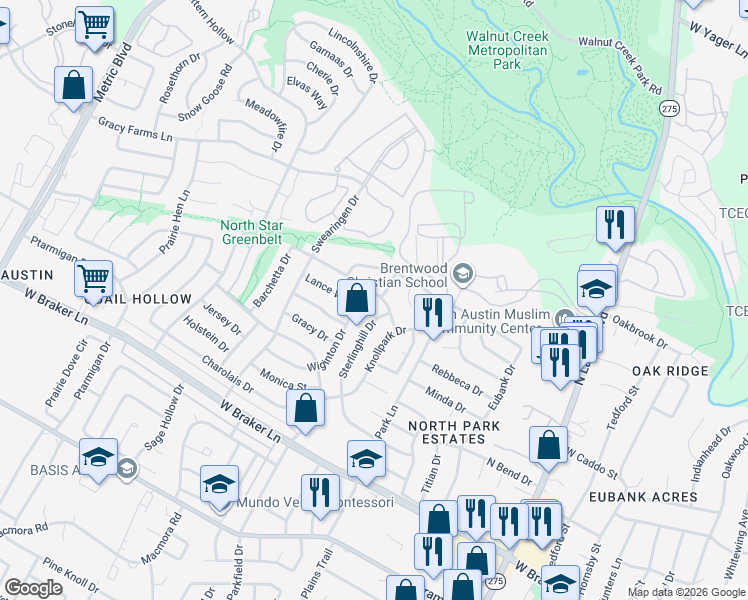 map of restaurants, bars, coffee shops, grocery stores, and more near 11808 Carshalton Drive in Austin