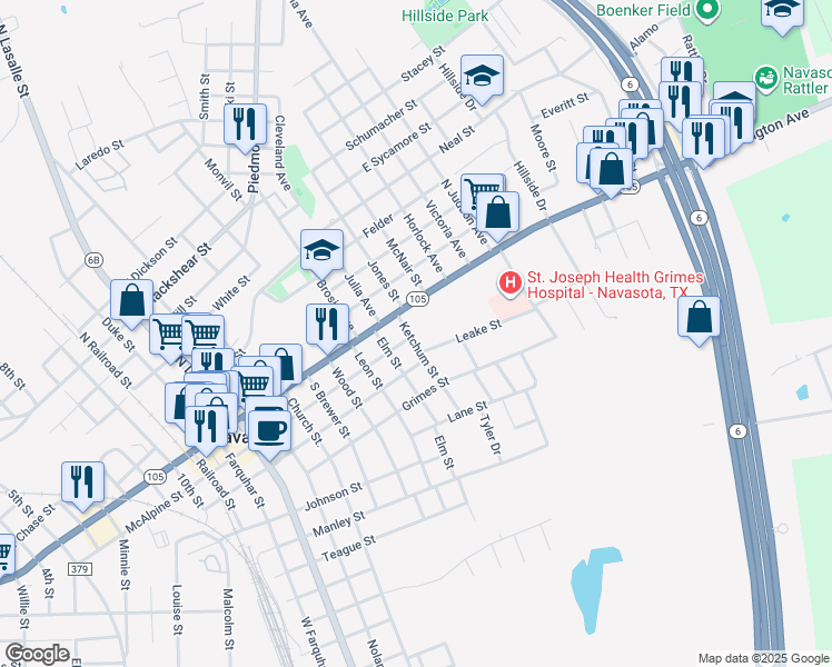 map of restaurants, bars, coffee shops, grocery stores, and more near 201 Ketchum Street in Navasota