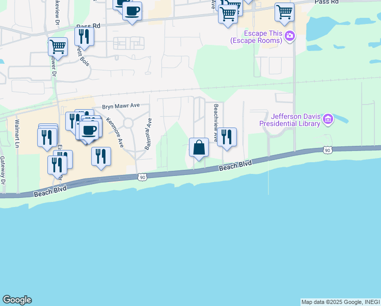 map of restaurants, bars, coffee shops, grocery stores, and more near 121 Briarfield Avenue in Biloxi