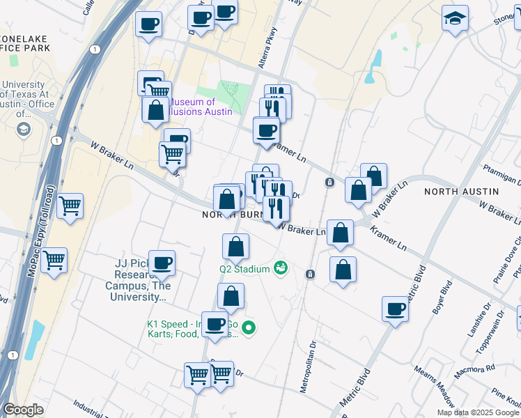 map of restaurants, bars, coffee shops, grocery stores, and more near 2608 West Braker Lane in Austin