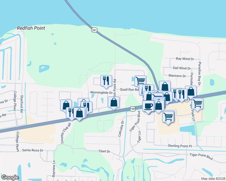 map of restaurants, bars, coffee shops, grocery stores, and more near 3594 Morningtide Drive in Gulf Breeze