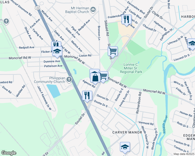 map of restaurants, bars, coffee shops, grocery stores, and more near 7528 Hull Street in Jacksonville