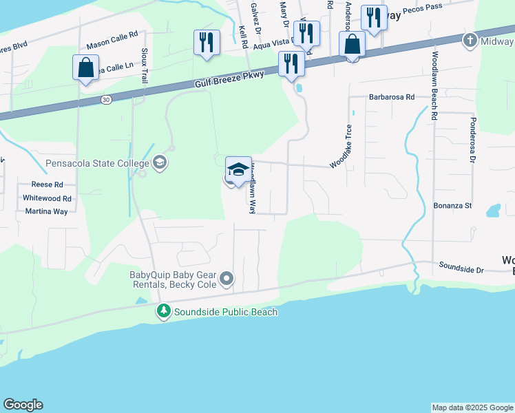 map of restaurants, bars, coffee shops, grocery stores, and more near 1517 Woodlawn Way in Gulf Breeze