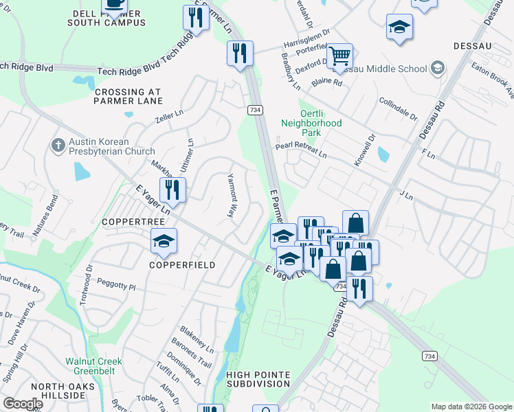 map of restaurants, bars, coffee shops, grocery stores, and more near 12330 Little Fatima Lane in Austin