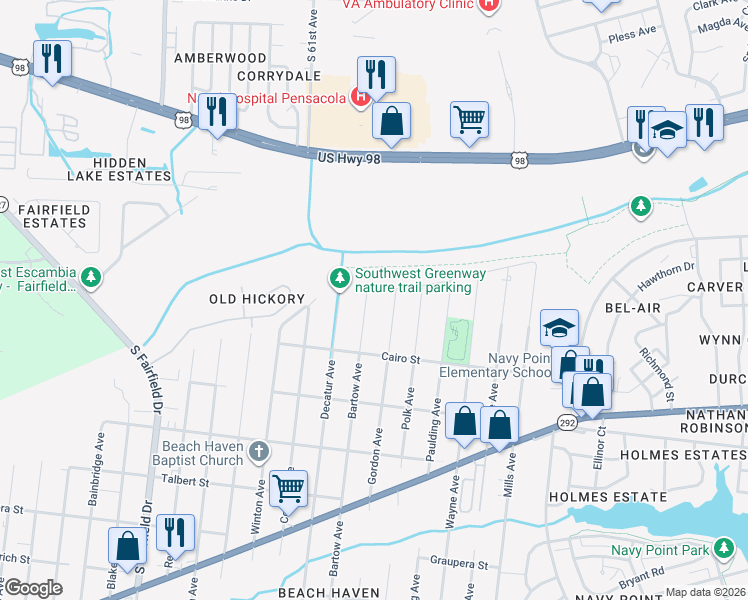 map of restaurants, bars, coffee shops, grocery stores, and more near 1214 Bartow Ave in Pensacola