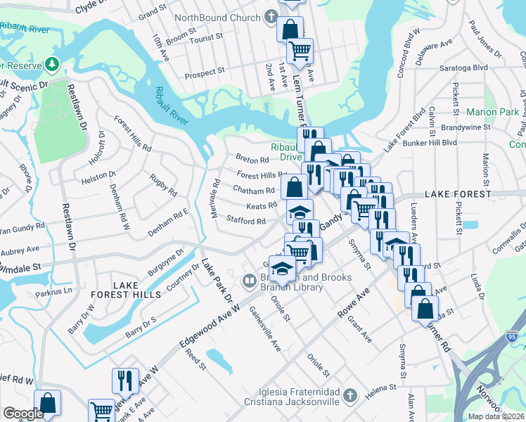 map of restaurants, bars, coffee shops, grocery stores, and more near 1626 Keats Road in Jacksonville
