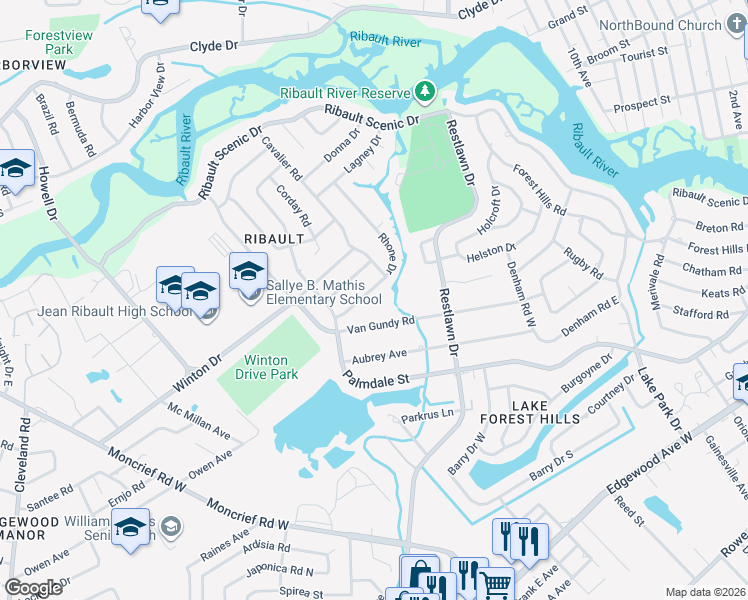 map of restaurants, bars, coffee shops, grocery stores, and more near 3138 Rhone Drive in Jacksonville