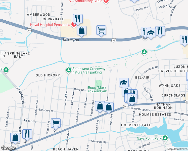 map of restaurants, bars, coffee shops, grocery stores, and more near 1205 Paulding Avenue in Pensacola