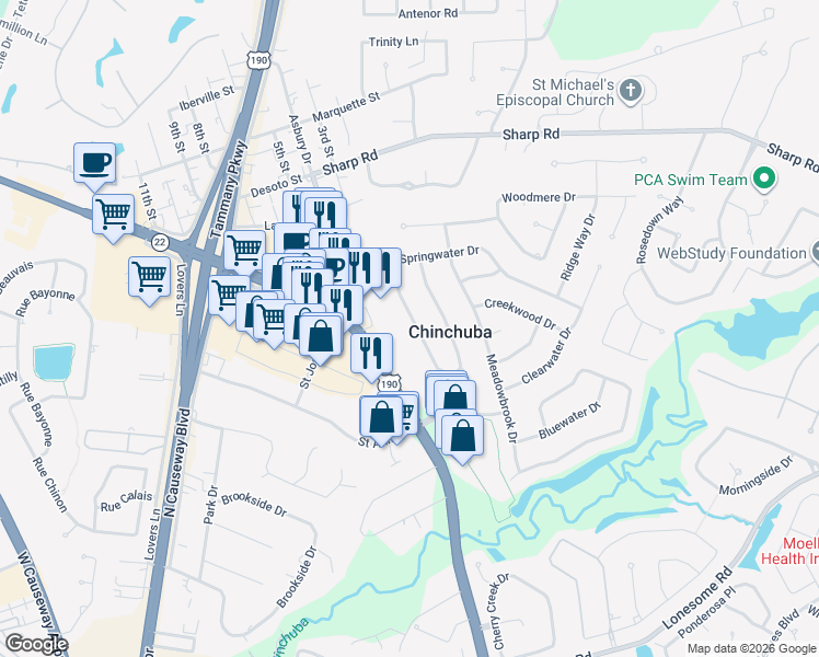 map of restaurants, bars, coffee shops, grocery stores, and more near 1170 Springwater Drive in Mandeville