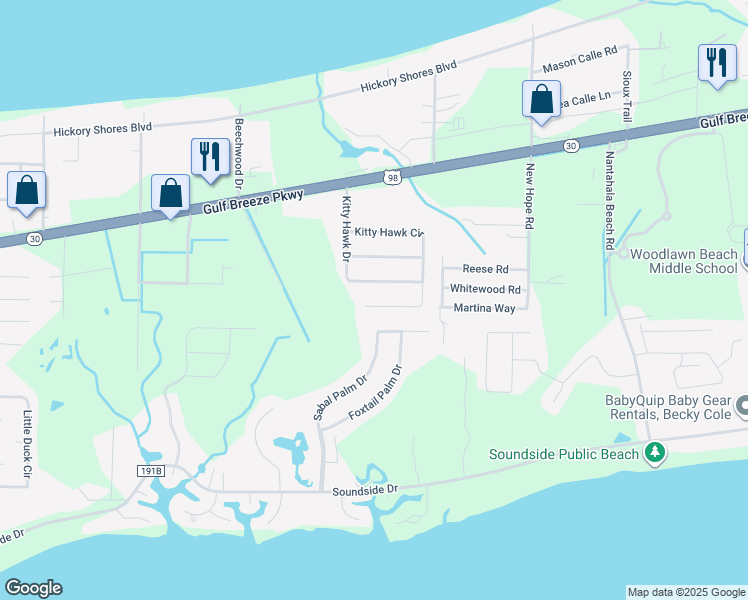 map of restaurants, bars, coffee shops, grocery stores, and more near 4829 Kitty Hawk Circle in Gulf Breeze