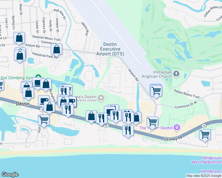 map of restaurants, bars, coffee shops, grocery stores, and more near 221 Mattie M Kelly Boulevard in Destin