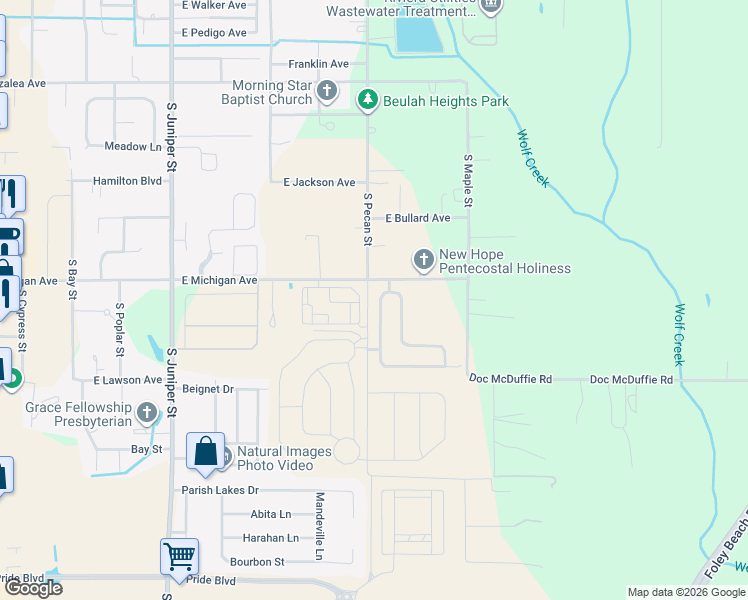 map of restaurants, bars, coffee shops, grocery stores, and more near South Pecan Street in Foley