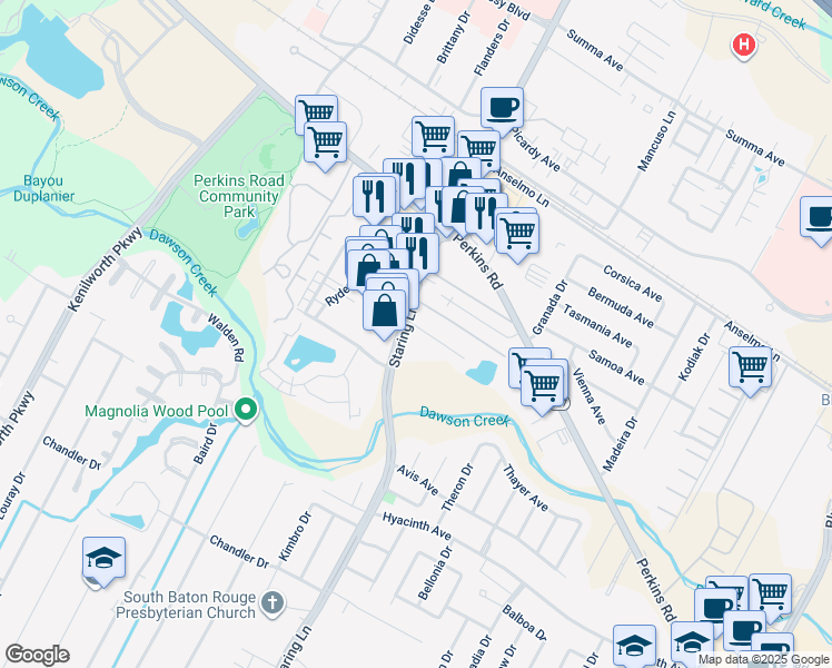 map of restaurants, bars, coffee shops, grocery stores, and more near 7514 Kings Hill Avenue in Baton Rouge