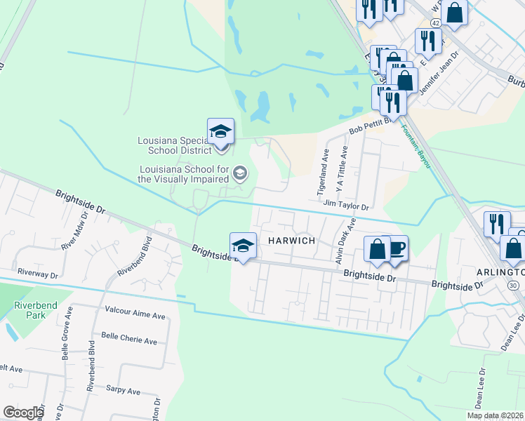 map of restaurants, bars, coffee shops, grocery stores, and more near 1340 Harwich Drive in Baton Rouge