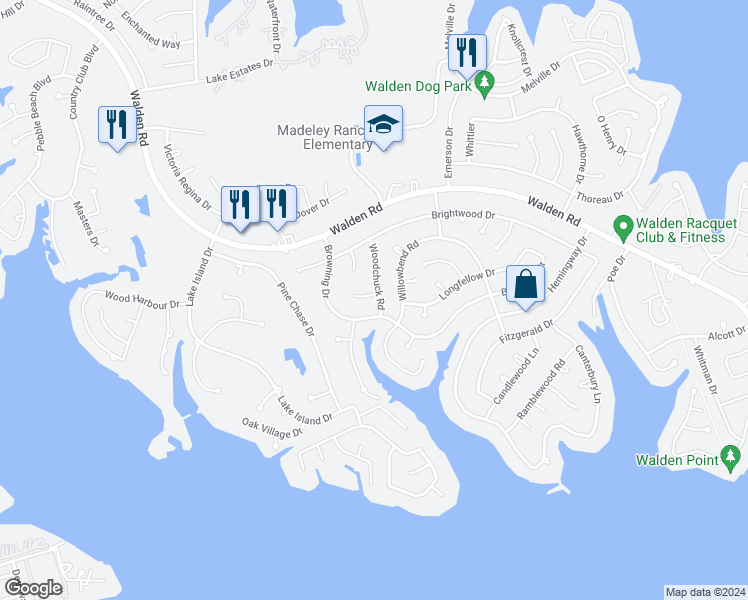 map of restaurants, bars, coffee shops, grocery stores, and more near 12605 Brontton Court in Montgomery