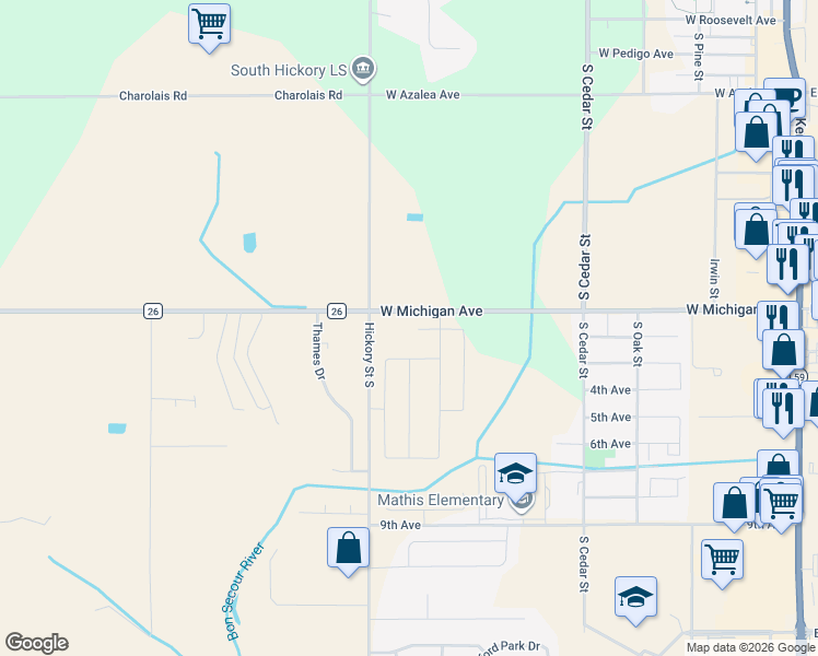 map of restaurants, bars, coffee shops, grocery stores, and more near 567-999 West Michigan Avenue in Foley