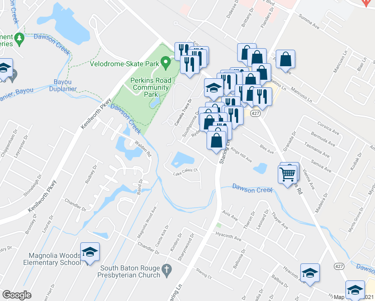 map of restaurants, bars, coffee shops, grocery stores, and more near 7322 Town South Avenue in Baton Rouge