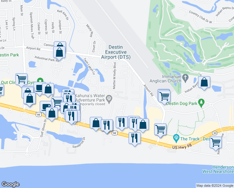 map of restaurants, bars, coffee shops, grocery stores, and more near 221 Mattie M Kelly Boulevard in Destin