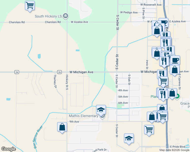 map of restaurants, bars, coffee shops, grocery stores, and more near 567-999 West Michigan Avenue in Foley