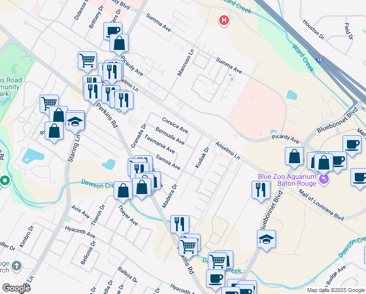 map of restaurants, bars, coffee shops, grocery stores, and more near 3537 Madeira Drive in Baton Rouge