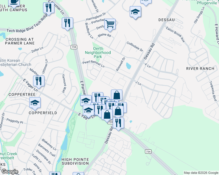 map of restaurants, bars, coffee shops, grocery stores, and more near 1616 Arial Drive in Austin