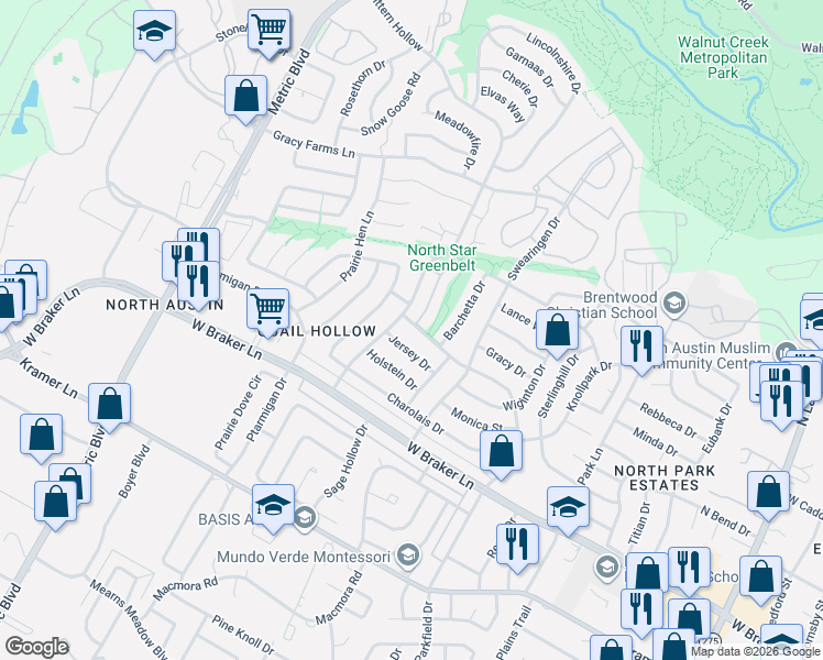 map of restaurants, bars, coffee shops, grocery stores, and more near 11635 Parkfield Drive in Austin