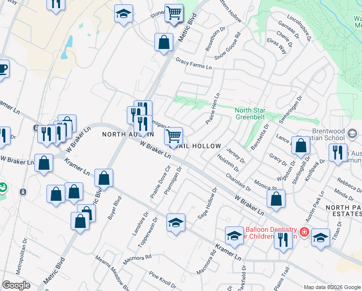 map of restaurants, bars, coffee shops, grocery stores, and more near 11308 Ptarmigan Cove in Austin