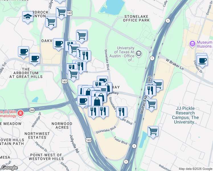 map of restaurants, bars, coffee shops, grocery stores, and more near 9910 Stonelake Boulevard in Austin