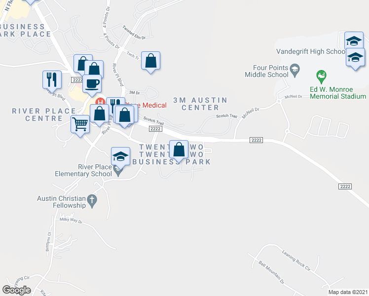 map of restaurants, bars, coffee shops, grocery stores, and more near 10307 1/2 Ranch Road 2222 in Austin