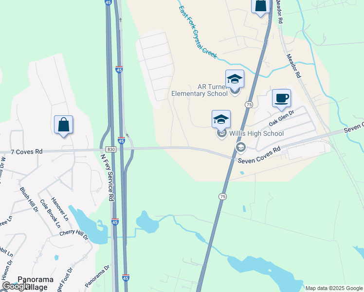 map of restaurants, bars, coffee shops, grocery stores, and more near Farm to Market Road 830 in Conroe