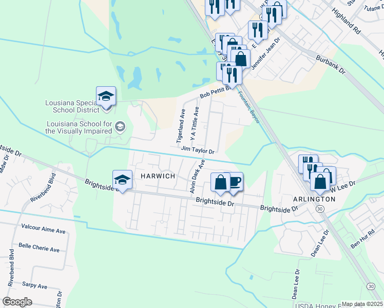 map of restaurants, bars, coffee shops, grocery stores, and more near 1257 Jim Taylor Drive in Baton Rouge