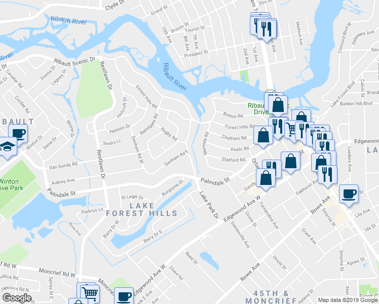 map of restaurants, bars, coffee shops, grocery stores, and more near 7973 Denham Road East in Jacksonville