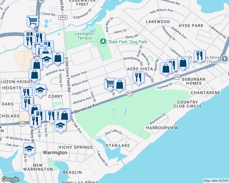 map of restaurants, bars, coffee shops, grocery stores, and more near 1223 Wisteria Avenue in Pensacola
