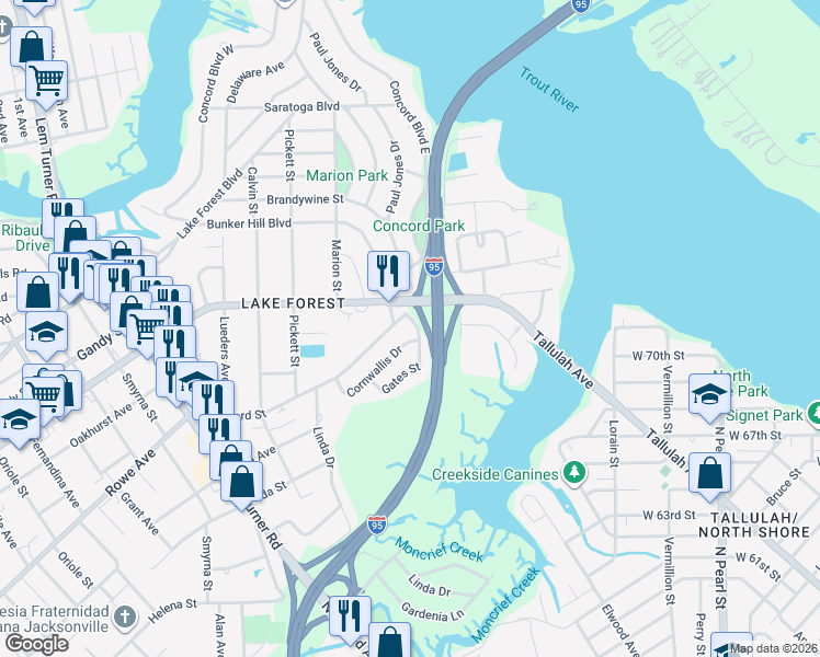 map of restaurants, bars, coffee shops, grocery stores, and more near 7740 Tarleton Road in Jacksonville